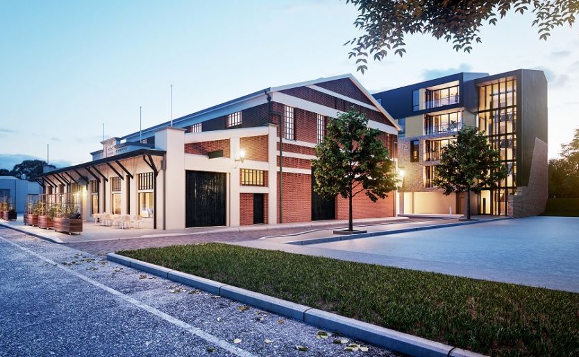 Architectural render of external facade of heritage SES Substation and M/27 Apartments by Match in Fremantle