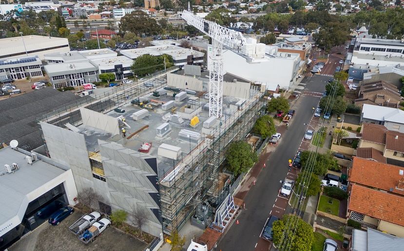 Construction aerial drone shot on progress at M/24 Apartments by Match in Leederville