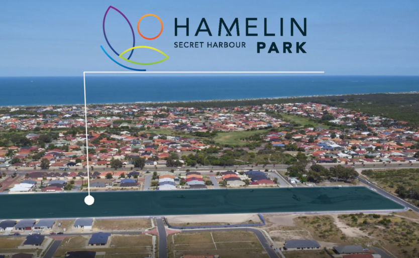 Aerial shot of Secret Harbour highlighted Monument land development, Hamelin Park, showcasing the proximity to the ocean