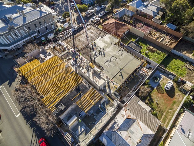 Construction progress update at M/28 apartments by match in South Fremantle birds eye view in June 2018