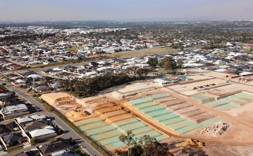 Aerial birds eye view drone shot of construction update of Atop Stage 2 in Beeliar